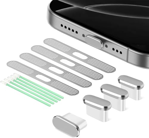 BelleVive 8er-Pack enchufes Protectores contra Polvo para USB-C, Cobertura del Puerto de Carga Tipo C, Rejilla para Altavoces, Adhesivo contra Polvo, para iPhone 16/iPhone 15, Plata2