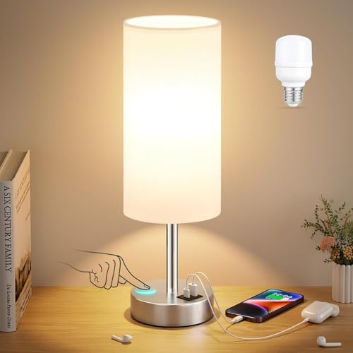 Aooshine Bedside Lamps, Dimmable Table Lamps with White Fabric Shade, Silver Base(Bulb Included)