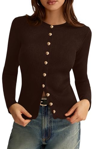 PRETTYGARDEN Womens 2026 Fall Cardigan Sweaters Lightweight Long Sleeve Button up Ribbed Knit Tops Winter Fashion Clothes (Brown,Medium)