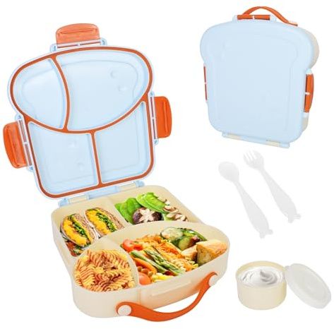 Cozary Porta Pranzo con 4 Scomparti – Lunch Box 900 ml con Manico, Impermeabile, Senza BPA, Design Toast (Blu)