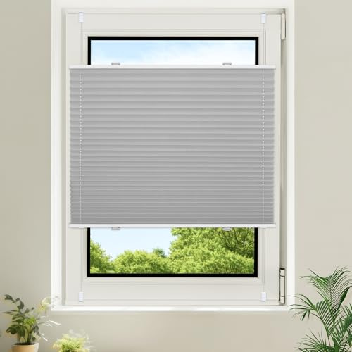 Homland Plissee ohne Bohren Verdunklung Klemmfix,Hellgrau B60 x H100 cm, Plissee 100% Verdunkelnd & lichtundurchlässig, Plisseerollo für Fenster & Tür