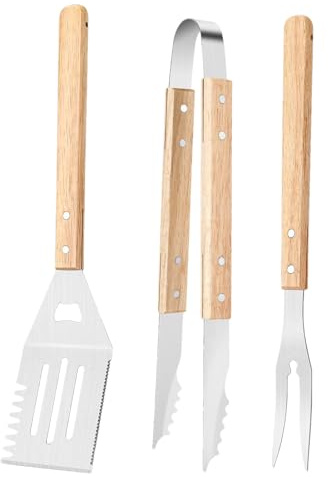 Hogvinnatil Set d'outils pour barbecue - Kit 3 accessoires pour barbecue | ustensiles de cuisine résistants à haute température avec poignée antidérapante en bois pour camping, steak, burger, pizza et