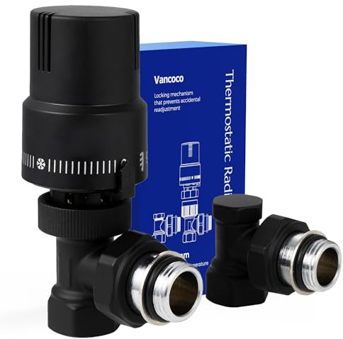 VANCOCO Válvula termostática + válvula de retorno, juego completo de 1/2, conexión de anillo de estanqueidad, válvula de radiador, válvula angular, color blanco, sensor de líquido, posición de