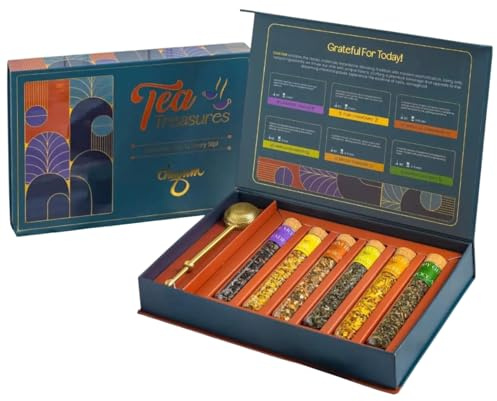 M1SS Tea Treasure 6 Tube Gift Box with 6 Premium Loose Leaf Blends & Brass Infuser – Lavender Vanilla, Chamomile, Turmeric, Cinnamon Green, Moroccan Mint & Himalayan Green – Luxury Tea Gift Set