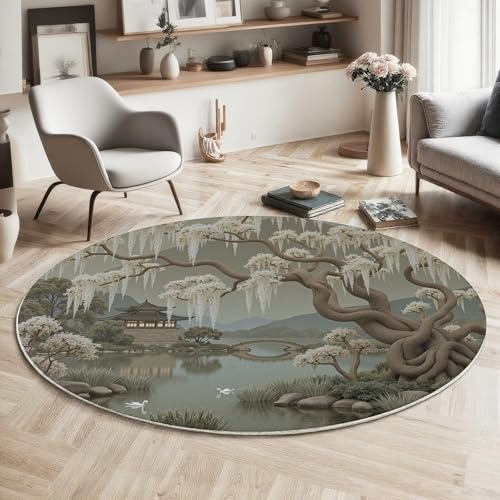 Tappeto Rotondo Da 100Cm Per Soggiorno Disegno Di Salice Fiori Bianchi E Uccelli Soffice Morbido Antiscivolo Di Grandi Dimensioni Lavabile In Lavatrice Per Interni Per Camera Da Letto Decorazione