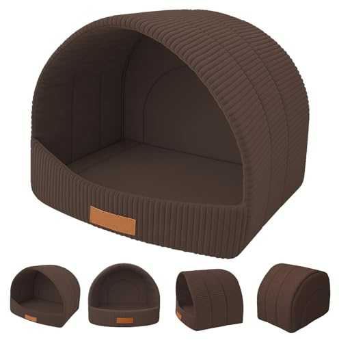 Leanbe Gemütliche Hundehöhle aus Cord, Personalisierbare Katzenhöhle mit Namensgravur, Beige, Gewölbte Form, Weicher Schlafplatz für Haustiere (Braun, R1: 41 x 33 x 28 cm)