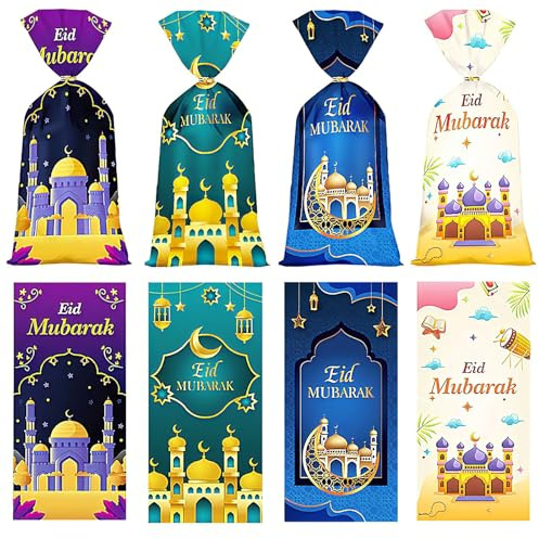 Ovanda Eid Mubarak Tüten, 50 Stück Geschenktüten Kindergeburtstag, Ramadan Tüten, Zellophanbeutel, Kinder Eid Mubarak Geschenke with 50 Twist Ties, Eid Mubaraks Tütens Süßigkeiten