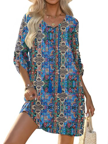 Zeagoo Robe d'été pour femme - Style bohème - Manches 3/4 - Tunique - Mini robe ample - Robe décontractée, Retro 779, L