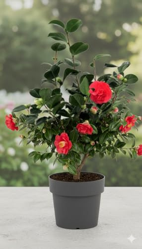 Camellia Japonica Kübelpflanze, Immergrün Winterhart, Rote Blüten, Topf 19cm, Höhe 50-80cm
