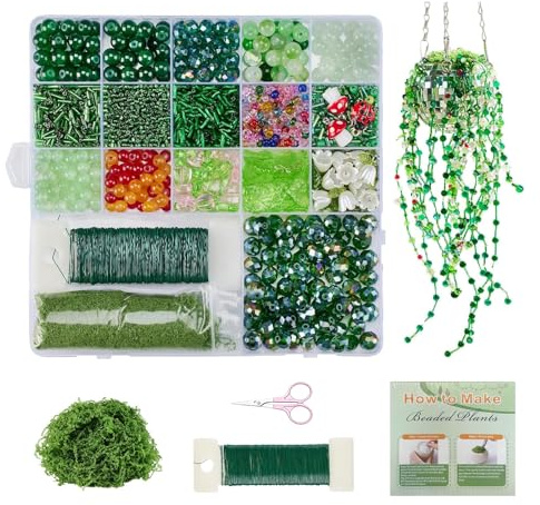 Jafaharug Grün Kit di Perline di Vetro per Piante Eterne – Decorazioni Fai-da-Te di Succulente e Fiori con Perline a Forma di Foglia, Tulipano e Coccinella (Incluso Fil di Ferro Floreale e Muschio)