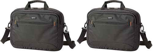 Amazon Basics Compact Laptop Shoulder Bag Carrying Case with Padded Strap and Zippered Accessory Pocket, 2-Pack, 15.6 inch - 39.6 cm, Black