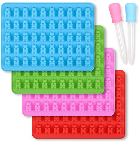homEdge Gummibärchenformen aus Silikon, 4er-Set, antihaftbeschichtet, Lebensmittelqualität, für Schokolade, Gummibärchen, mit 2 Pipetten, blau, rot, grün und rosa