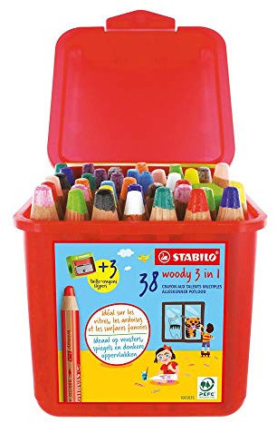 STABILO - Buntstift, Wasserfarbe & Wachsmalkreide - woody 3 in 1-38er Box und 3 Spitzer - mit 13 verschiedenen Farben