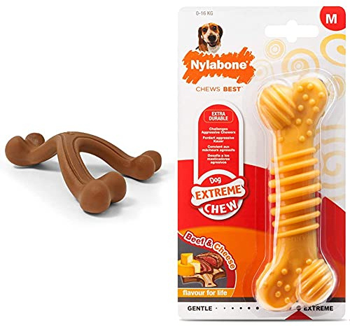 Nylabone Extreme Tough Dog Chew Toy, Wishbone Bison Flavour, Large, for Dogs Up to 23 kg & Extreme Tough Dog Chew Toy Bone, Durable, Cleans Teeth, Beef & Cheese, Medium, for Dogs Up to 16 kg