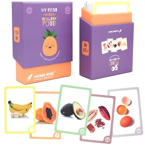 Rocket Kidz - Mes Premiers Mots Aliments. Montessori Jeux avec 50 Cartes des Aliments sains pour la Stimulation du langage chez Les bébés. Méthodes Montessori et Doman. Cartes éducatives en 7 Langues