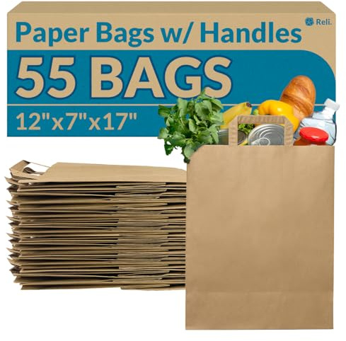 Reli. Paper Grocery Bags with Handles | 55 Pcs Bulk | 12x7x17 | Kraft Brown Paper Bags, Large | Use for Grocery, Take-Out, Restaurant, Retail, Shopping