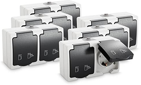 greate 6x Feuchtraum Steckdose Aufputz 2fach - Doppelsteckdose Aufputz mit Klappdeckel IP54, 250V, 16A, 2 polig - Aufputzsteckdose 2fach, Feuchtraumsteckdosen Aufputz, Steckdose Aussenbereich