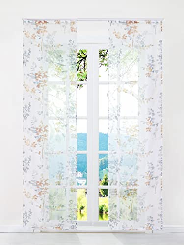 ESLIR Schiebegardinen Voile Flächenvorhänge Set 2er Gardinen mit Klettband Schiebevorhang Transparent Vorhang mit Blätter Muster Orange BxH 57x175cm 2 Stück