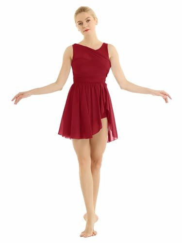 Freebily Damen Tanzkleid Ärmellos Asymmetrisches Ballettkleid Chiffon Ballett Trikot Tanzbody Mit Rock Gymnastik Tanzkleidung Rot M