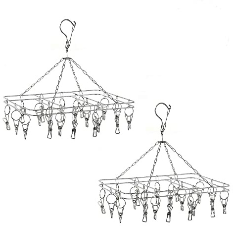 YORKING 2PCS Sock Hangers for Washing Line Stainless Steel Sock Dryer with 20 Pegs Metal Windproof Drying Rack with Swivel Hook Square Laundry Hanger for Underwear Clothes Gloves Shoes Insoles