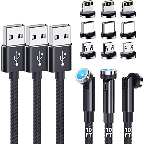 Magnetic Charging Cable [3-Pack,10FT/10FT/10FT] 540° Rotating Magnetic Phone Charger 3-in-1 Magnetic USB Cable with LED Light Nylon Braided Magnetic Charger for iProduct/Micro USB/Type C Device-Black