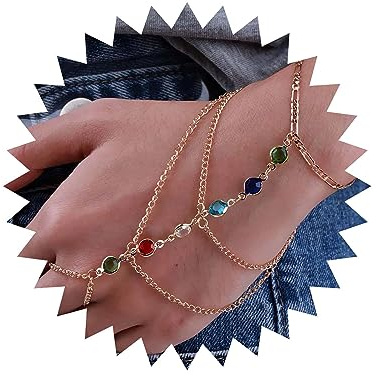 Wendalern Anillo pulsera cadena de mano para mujer en capas coloridos diamantes de imitación anillo de dedo pulsera boho esclavo pulsera arnés de mano cadena de cristal anillo pulsera joyería