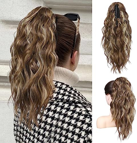 FLUFYMOOZ Ponytail Extension Pferdeschwanzverlängerung, 46 cm Klauenclip Pferdeschwanzverlängerung, gewellte lockige Klauenclip in Pferdeschwanz Haarverlängerungen (Kühles Braun mit Blond)