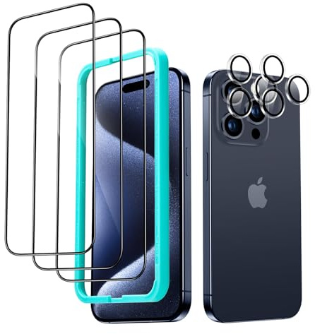 ESR Lot de 3+2 Verre Trempé pour iPhone 15 Pro, Cadre d'alignement | Protections D'écran de qualité militaire, Verre Trempé 9H, Anti-rayures, Installation Facile, 2 Protection Caméra