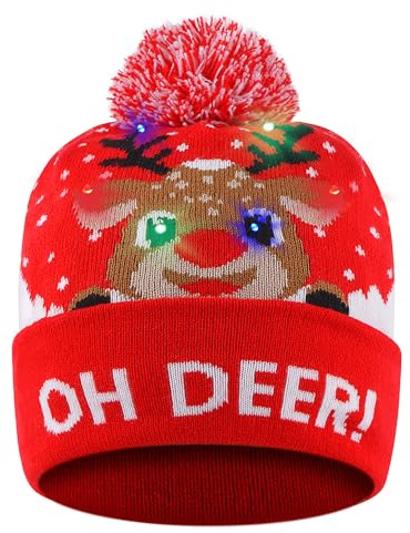 SHOKAN Leuchtende Weihnachtsmütze, LED-Weihnachtsmützen mit Lichtern, Rentiermuster, blinkende Weihnachtsmütze, Strickmütze für Kinder, Erwachsene, Jungen, Mädchen, leuchtet im Dunkeln, blinkende