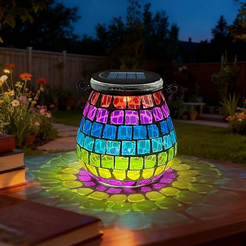 TOTHDATE 1PCS Solar Mosaik Leuchte Oval für Außen, On/Off Glas Mosaik Hängend Licht Solarlaterne Tischleuchte IP65 Wasserdicht für Rasen Pfad Hof Deck Boden Teich, Farbiges Quadrat Mosaik Licht