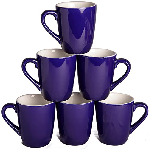 superyes Stora keramiska muggar-set med 6, 360 ml (12 oz) tunntulpanform för cappuccino-latte, handtag med lätt grepp, blåglaserad, vit interiör