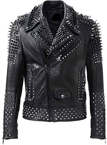 Lederjacke mit Nieten – Schwarze Brando Spiked Rock Punk Lederjacke mit Spikes, Schwarz, L