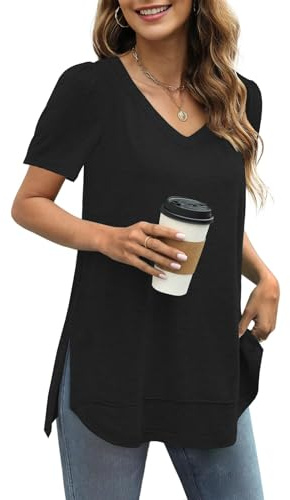 JomeDesign Womens Tops Short Sleeve V Neck Shirts Side Split Loose Casual Blouses Summer Tees Black