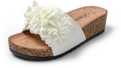 JOMIX Pantoletten Damen Keilabsatz Sandalen mit Blumenmuster Bequeme Sommerschuhe Slip-On Schlupfsandalen für Strand Freizeit und Alltag, SD9172, Weiß, 37 EU