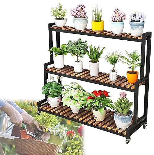 Blumenregal Pflanzenregal Blumentopfhalter, Blumenregal, Treppe, 2 Etagen, 3 Etagen, Mehrzweckregal für den Außenbereich, platzsparendes Aufbewahrungsregal, Stahl-Metallrahmen mit Rollen, einfach zu