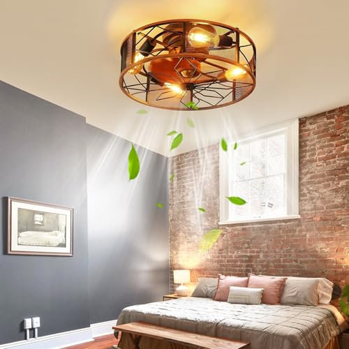 AQLEDY Cage Vintage Ceiling Fans with Lamps and Remote Silent Bladeless Ceiling Fan Light E27 Socket 6 Speed Reversible DC Flush Mount Ceiling Fans with Lights for Farmhouse Living Room Bedroom