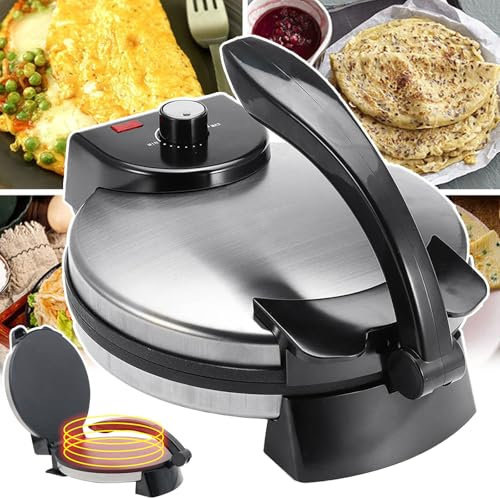 PLABNK Crêpière pour Petit-déjeuner 2000 W - Portable, Revêtement Antiadhésif, Contrôle Thermostatique (200-260°C)/Chauffage Double Face, avec Indicateur/Bouton, pour Chapati/Tortilla,A