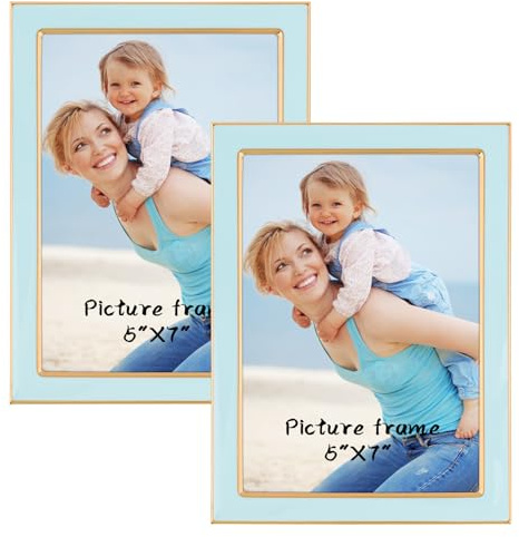 5x7 Light Blue Enamel Picture Frames - Metal Gold Edge - Cute Frame for 5 x 7 Inch Photos Pictures Artwork - Real Glass - With Tabletop Easel Stand - Hanger for Wall Mount Display (2 Pack)