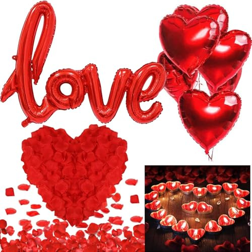 Set de décoration romantique ballon de décoration de la Saint-Valentin, 1000 pétales de rose romantiques, 50 bougies romantiques, ballon en foil LOVE, adapté pour demande de mariage/fiançailles