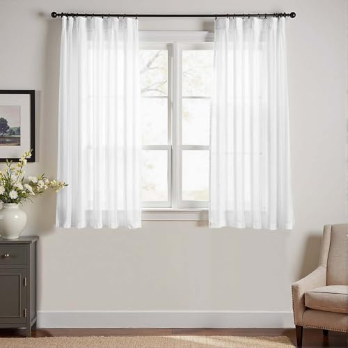 TOPICK Gardinen mit Kräuselband Streifen Vorhänge H145xB140 2er Set Weiß | Lichtdurchlässig Küchenvorhänge modern Kurzgardine Küchfenster Wohnzimmer landhausstil küchengardinen fenstergardinen Küche