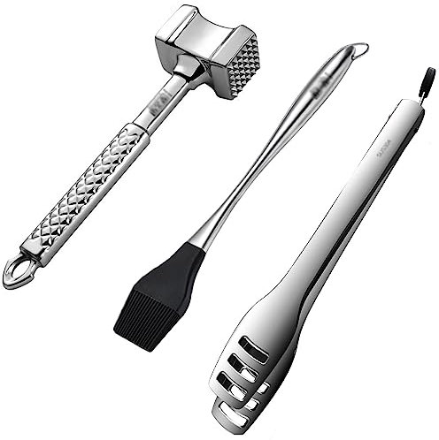 Martillo ablandador de carne de acero inoxidable, aplanador de carne de dos lados con clip de tres orificios y cepillo para rociar, mazo de carne de cocina para pollo, concha, chuletas de ternera