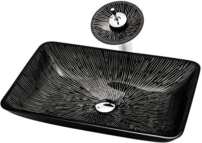 SGKOMN Lavandino da appoggio per Il Bagno, Linee Bianche e Nere, in Vetro temperato, Installazione su Piano d'appoggio, lavabo da appoggio Rettangolare per Il Bagno, lavabo Artistico