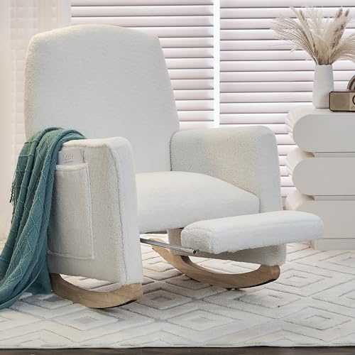 Soweiz Sedia a dondolo con sgabello, poltrona lounge con pouf, sedia a dondolo per interni con schienale alto per il soggiorno, tessuto teddy (Bianco, 67 x 126 x 98 cm)