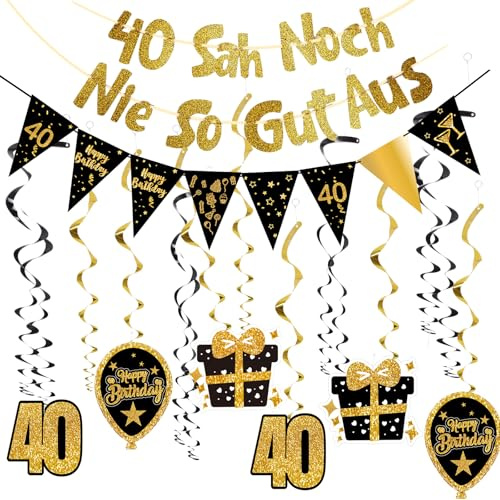 OuMaiFeng 40 Geburtstag Männer Deko,Party Deko 40er Geburtstag Frauen,Deko 40 Geburtstag Mann Geschenk,Goldfarbenes Glitzer-Banner,Partydeko,Luftschlangen,Hängende Wirbel