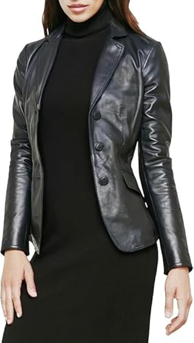 Aksah Fashion Blazer da donna in vera pelle di agnello fatto a mano, giacca slim fit con chiusura a tre bottoni, nero, Nero , S
