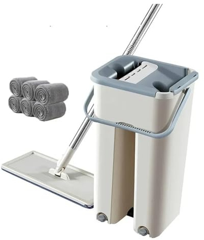 Smart Squeeze Ensemble seau à serpillière – Nettoyage efficace du sol avec 1 seau, 1 poteau, 7 tampons – Idéal pour la maison, la cuisine, les fenêtres et l'utilisation humide/sèche – Essorez-le