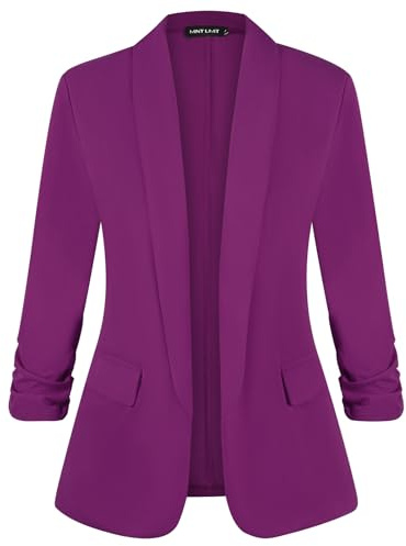 Kyzoeyou Blazer ouvert sur le devant pour femme - Veste froncée à manches 3/4 - Blazers de bureau doublés à col châle - Manteaux décontractés avec poches, P-violet, XL