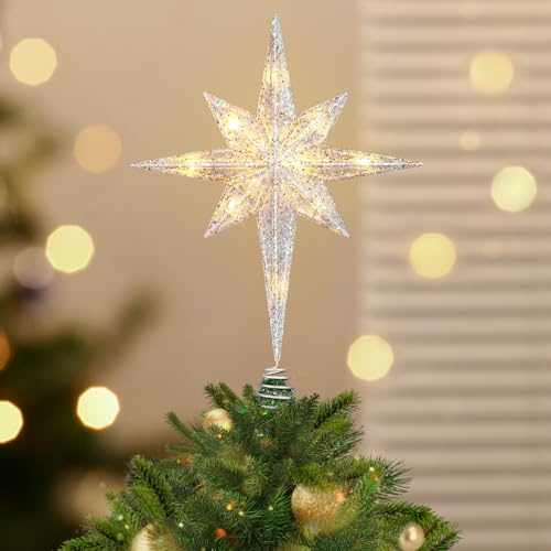 Luxspire Weihnachtsbaumspitze, beleuchteter Stern Baumspitze mit USB Plug-in & Fernbedienung, 9,8 LED Metall Dekorationen Licht, Xmas Baum Vintage Modern Ornament für Home Party,Bethlehem Star-Silver