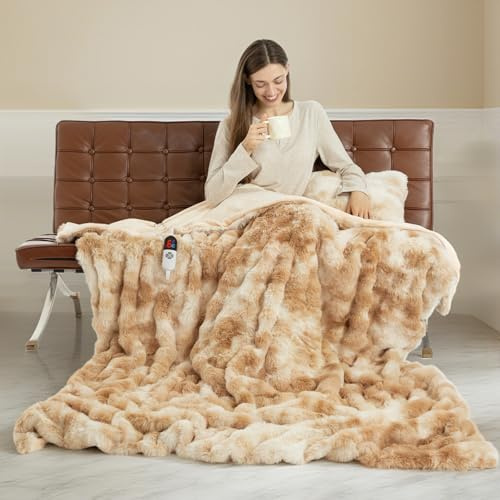 Faux Fur Heated Throw Blanket for Couch - 50X60 Bubble Faux Fur Electric Blanket Fluffy Fuzzy Soft Thick with 6 Fast Heating Levels & 4 hrs Timer Settings, Washable & ETL Certified, Tie-Dye Beige
