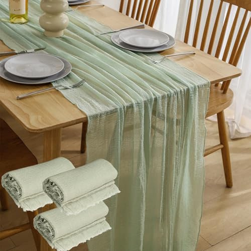 BeGrit 3 Stück Musselin Tischläufer Modern Salbeigrün Tischläufer Grüne Tischdecken Klein Tisch Dekoration Abwaschbare Tischdeko Läufer Rustikale für Hochzeit Tischdeko Geburtstag Babyparty(90X180cm)